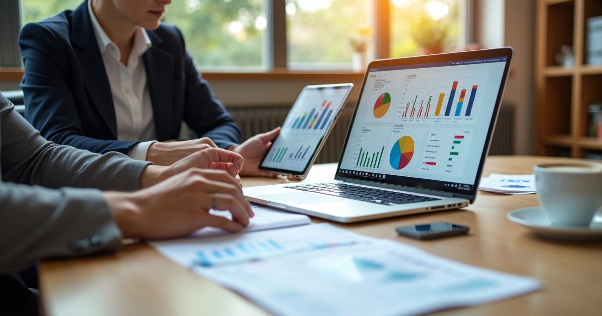 Pessoa analisando gráficos financeiros em tablet e laptop 