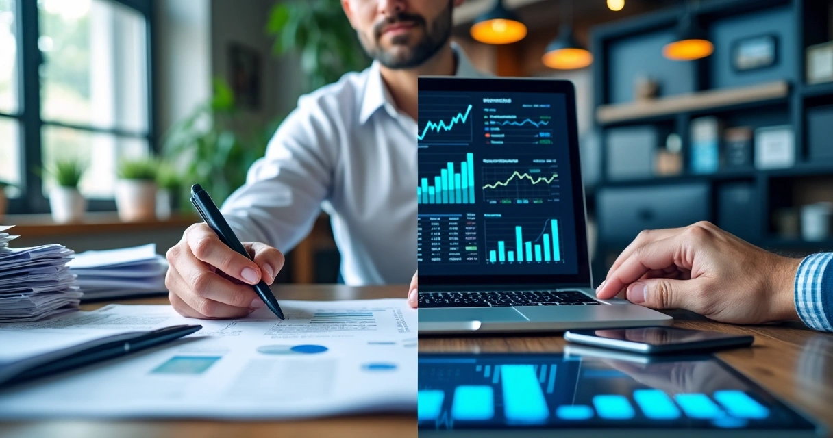 Comparação visual entre escritório de contabilidade tradicional e plataforma digital de controle financeiro