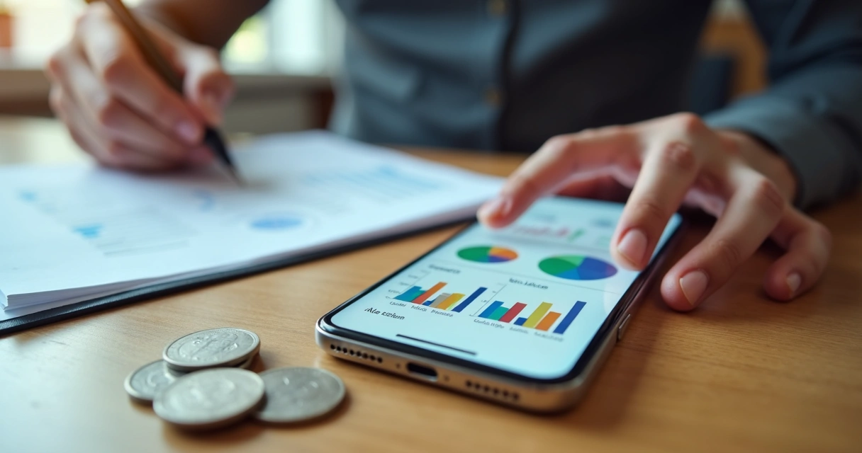 Tela de smartphone mostrando gráficos financeiros e controle digital 