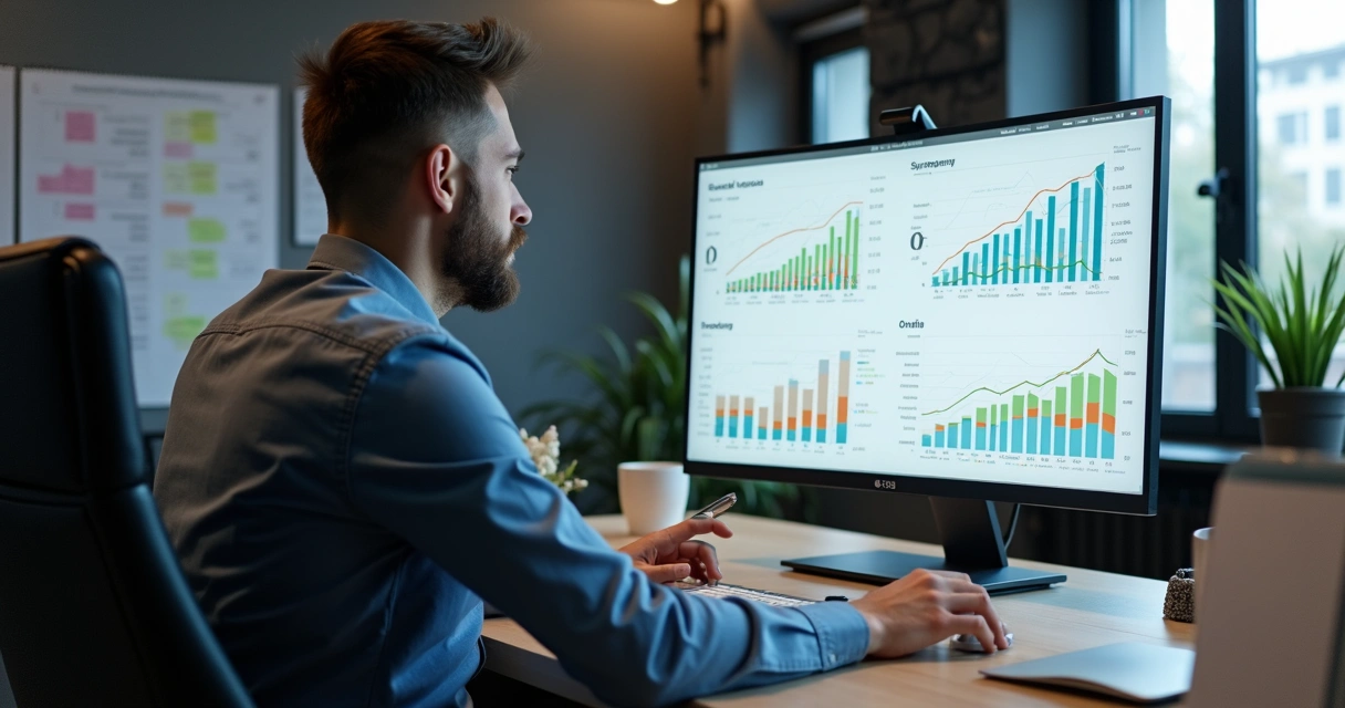 Gestor analisando fluxo de caixa em tela de computador