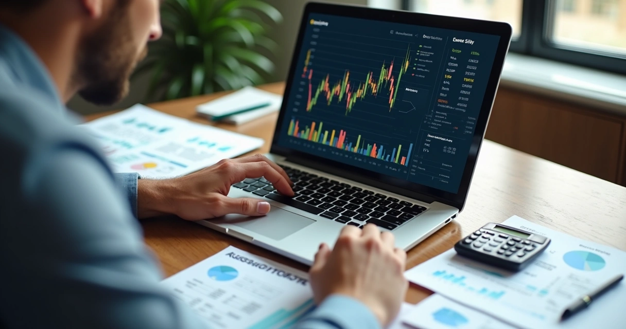 Empresário analisando gráficos financeiros em laptop com papéis e calculadora sobre a mesa de trabalho 