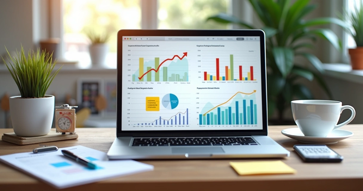 Computador mostrando gráficos financeiros coloridos, bloco de notas e xícara de café ao lado 