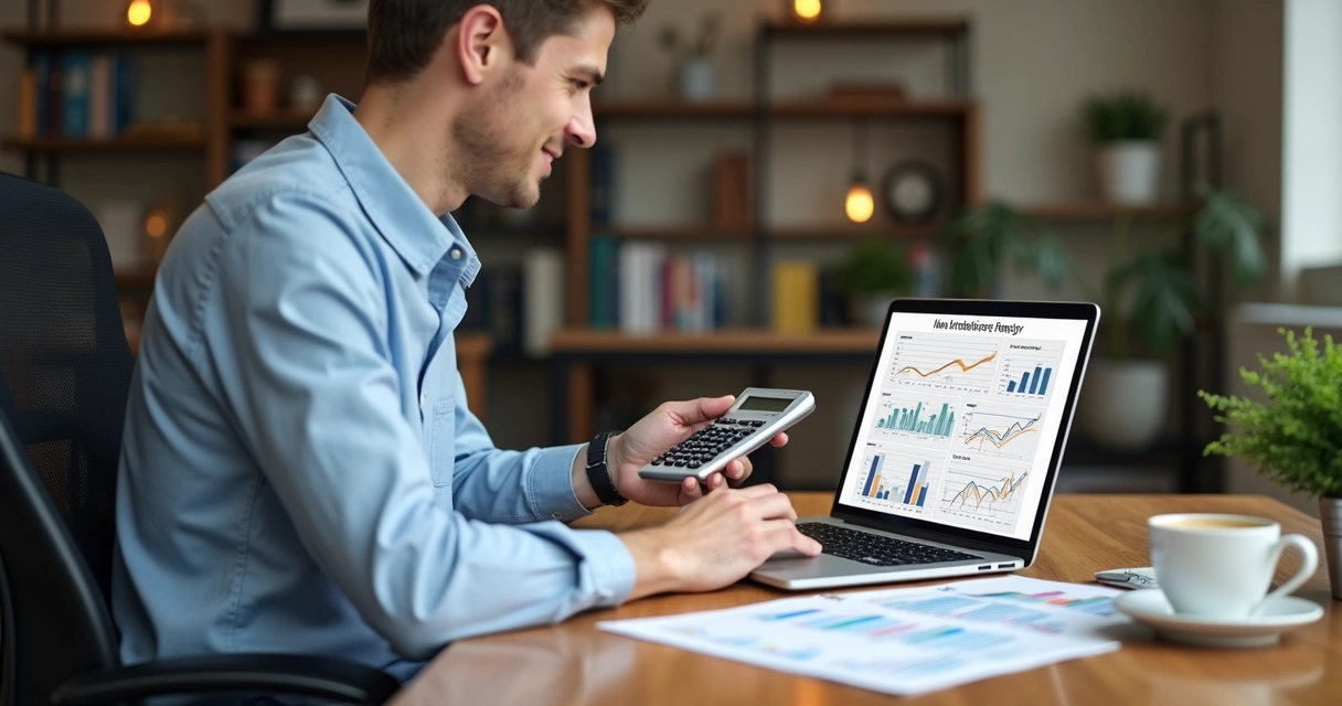 Gestor analisando planilha financeira na mesa do escritório 