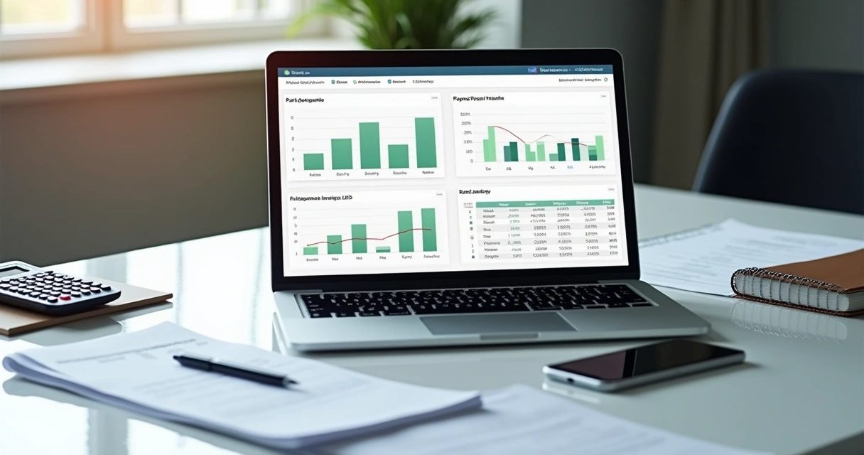 Painel financeiro em notebook com relatórios e documentos sobre a mesa 