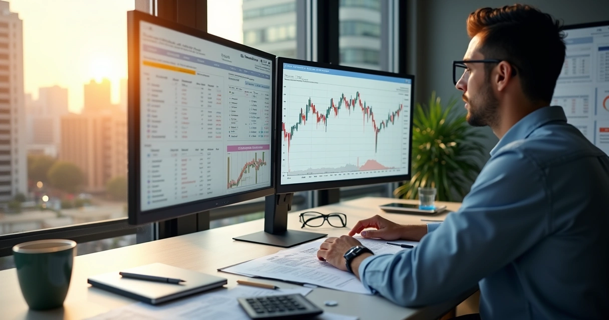 Profissional analisando planilhas de fluxo de caixa em escritório moderno 