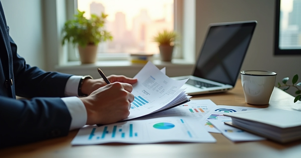 Empreendedor analisando gráficos financeiros em mesa de escritório 