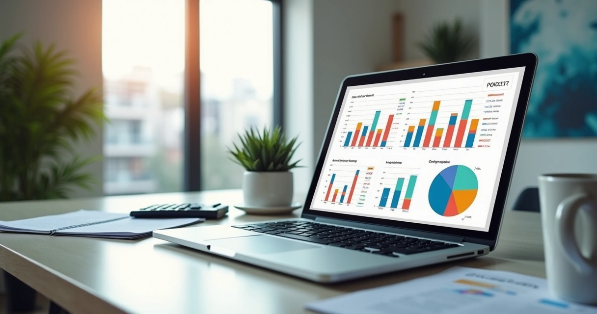 Dashboard financeiro simples em tela de computador com gráficos coloridos 