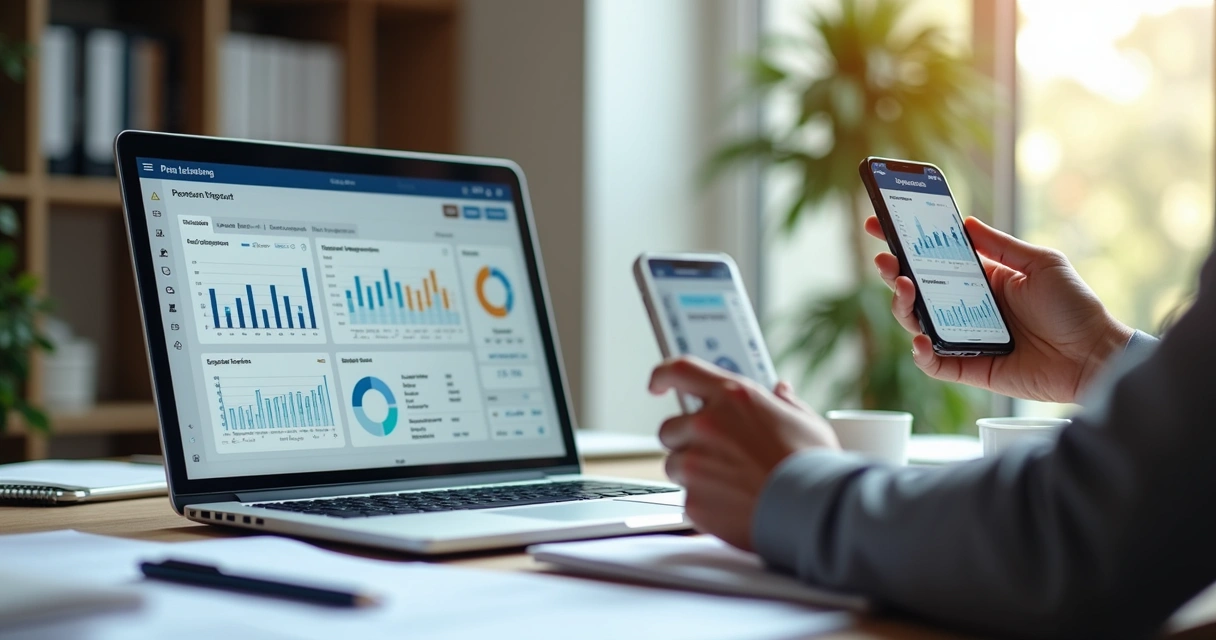 Empresário usando aplicativo de controle financeiro no notebook e celular 