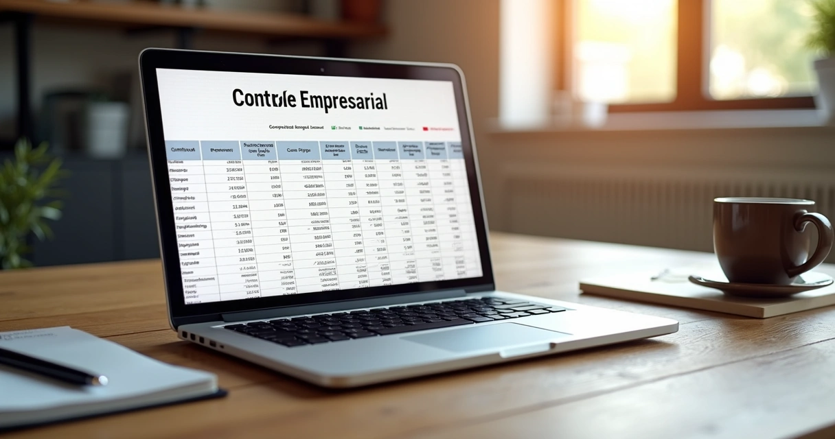 Notebook aberto com planilha de controle financeiro empresarial ao lado de caneta e café 