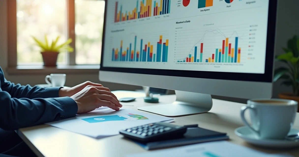 Pessoa analisando relatórios financeiros e gráficos coloridos na tela do computador 