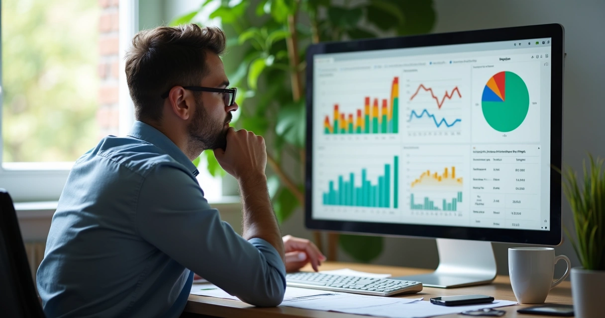 Empresário analisando planilhas financeiras e gráficos na tela 