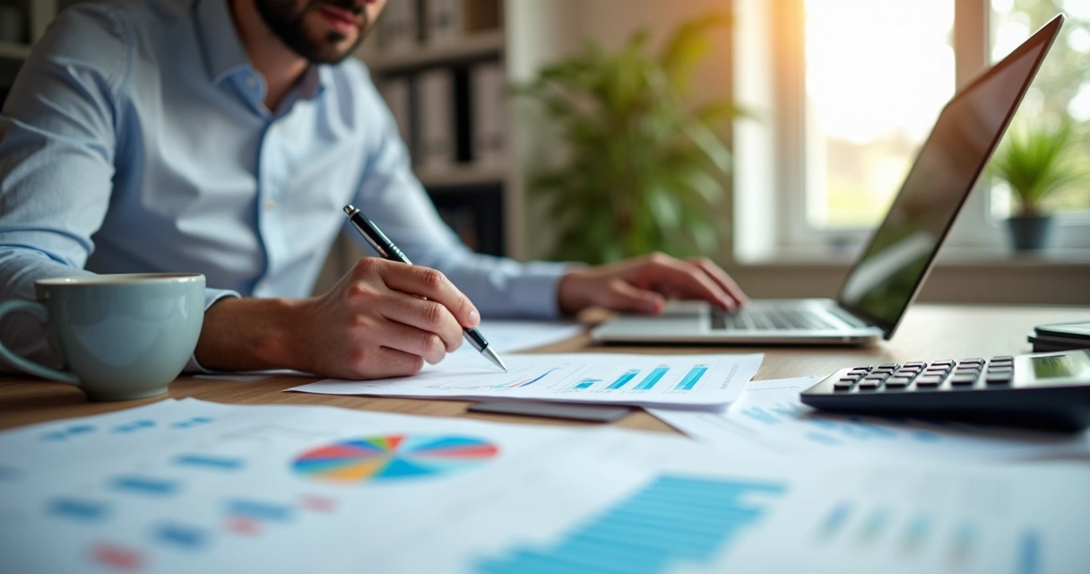 Pessoa analisando gráficos financeiros e documentos com laptop em mesa de escritório 