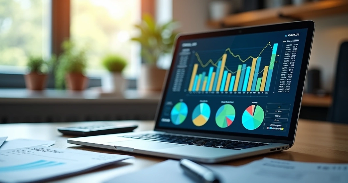 Mesa com laptop mostrando gráficos financeiros, documentos organizados ao lado e iluminação natural 