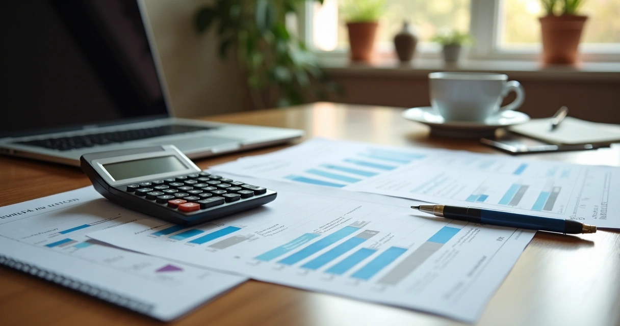 Planilha financeira e calculadora empresarial em mesa de escritório 