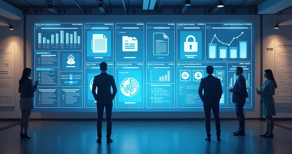 Painel digital de controle financeiro empresarial com documentos fiscais organizados 