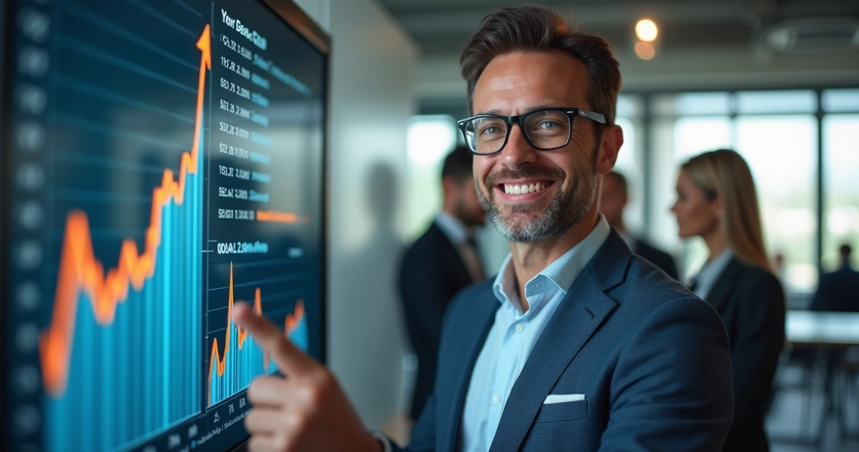 Gestor satisfeito mostra painel financeiro com gráficos ascendentes 