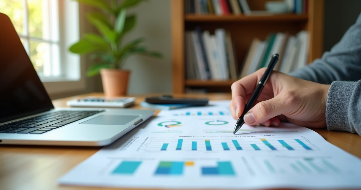 Pessoa analisando planilhas financeiras em um escritório moderno 