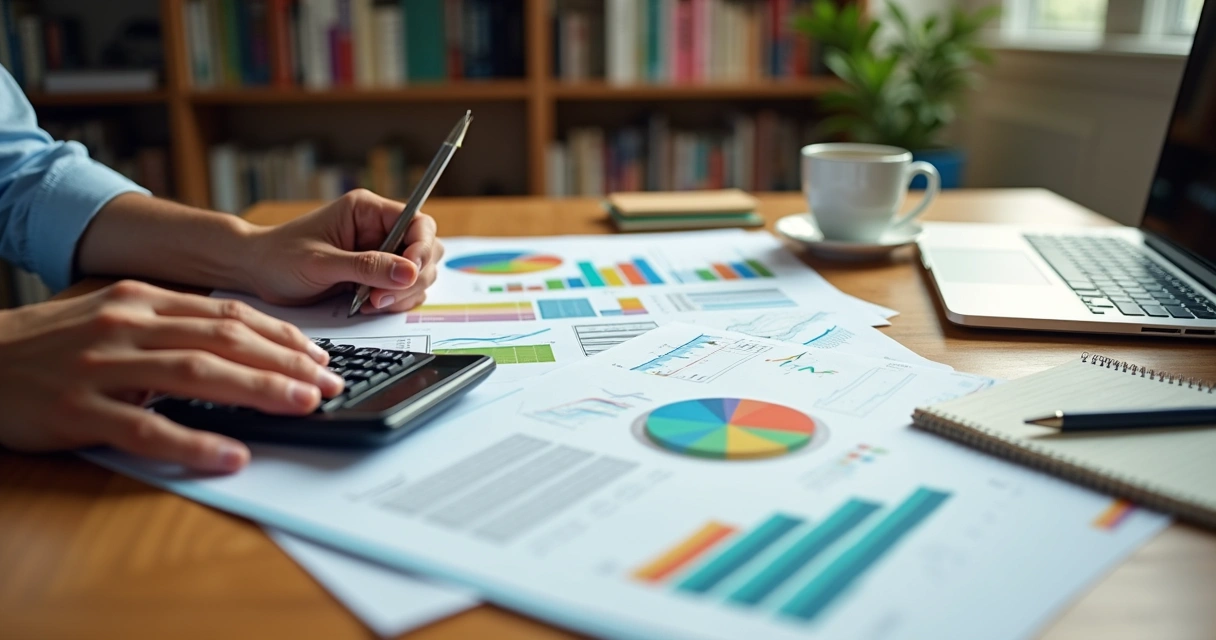 Pessoa analisando gráficos financeiros em uma mesa com calculadora e anotações 