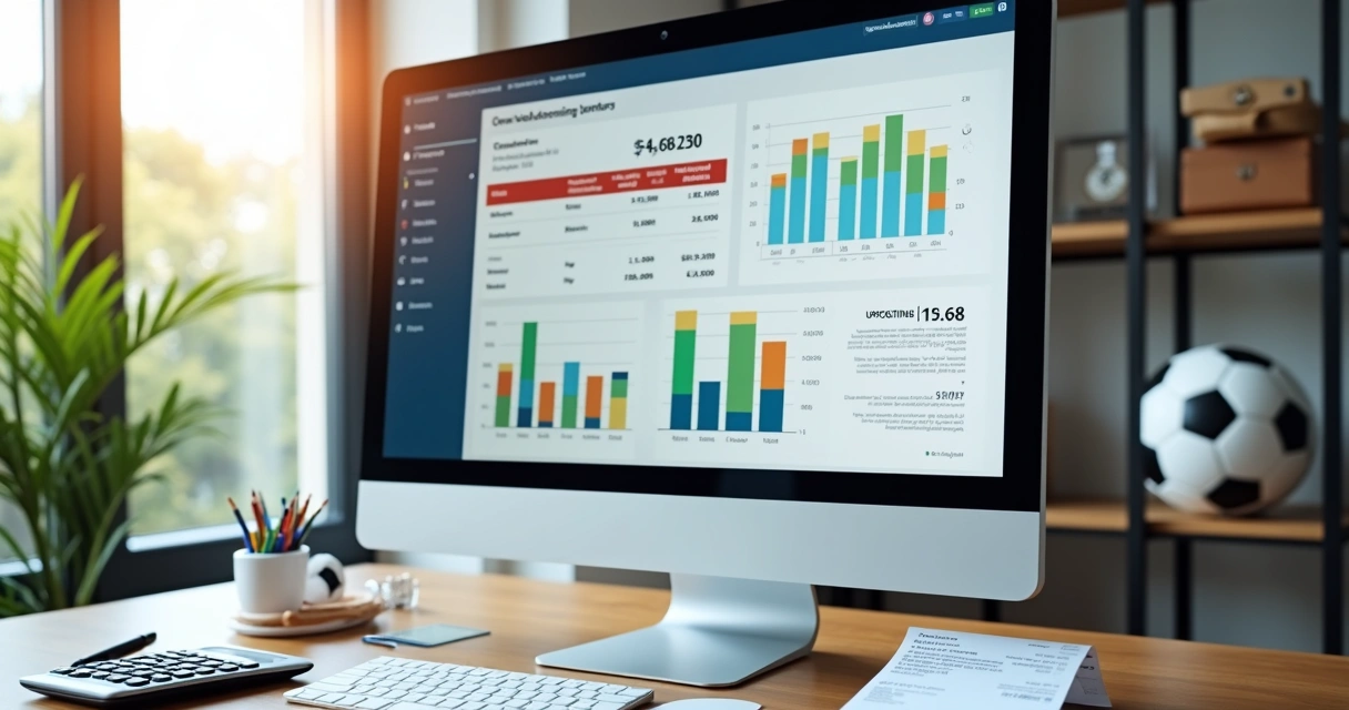 Tela de computador com gráficos financeiros coloridos de uma escola de futebol 