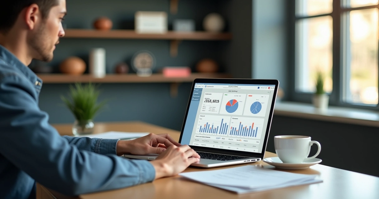 Gestor de escola de futebol controlando finanças pelo notebook