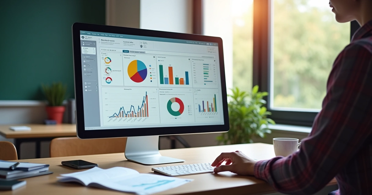 Tela de computador mostrando gráficos e tabelas financeiras de escola 