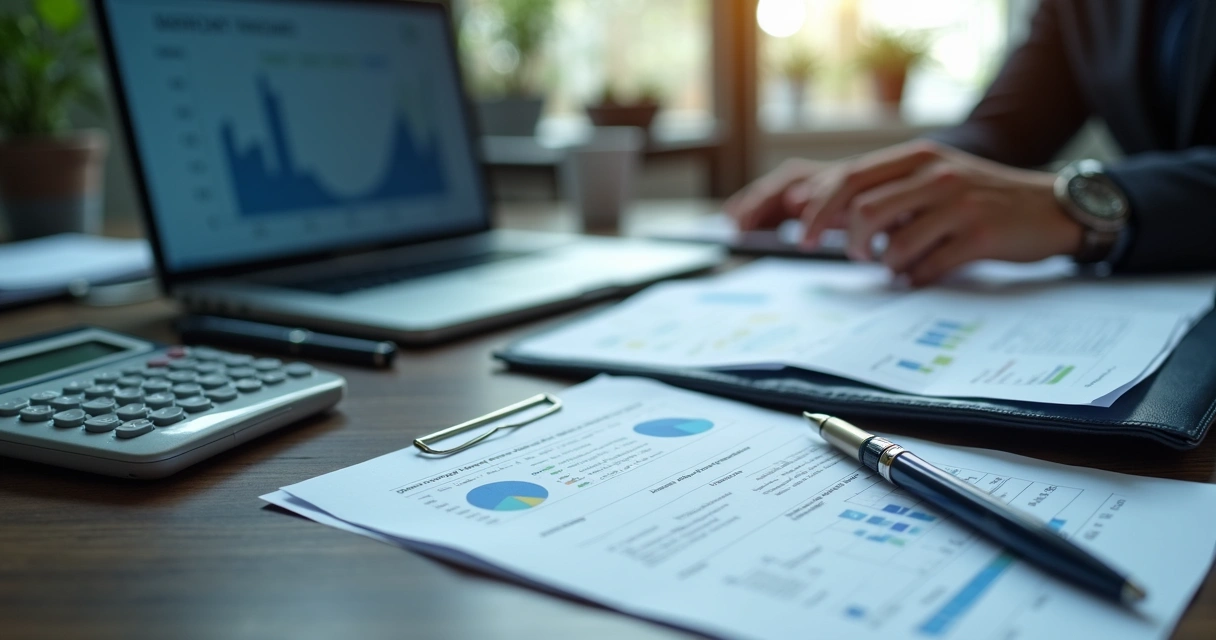 Mesa com planilhas financeiras e notebook em escritório jurídico 