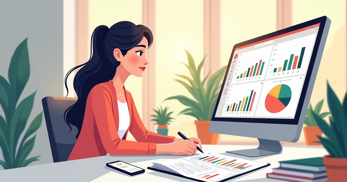 Profissional de estética analisando gráficos coloridos em tela, papelada organizada ao lado, ambiente de estúdio 