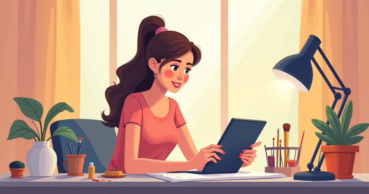 Profissional de estética usando tablet para controlar finanças em mesa organizada de salão 