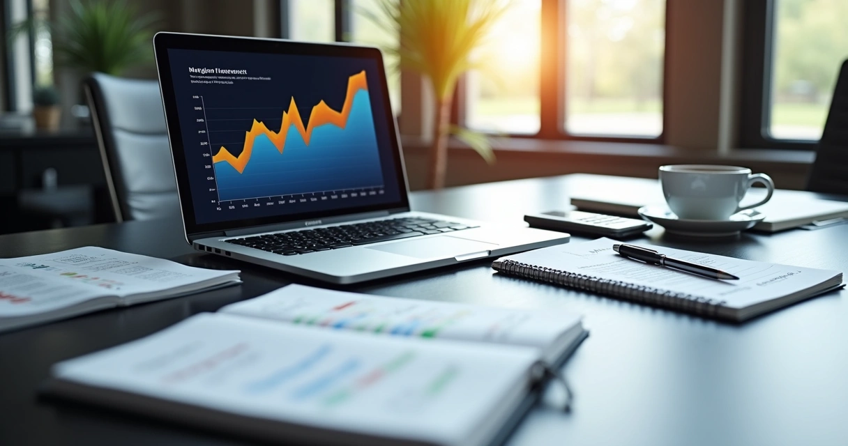 Mesa com calculadora, planilhas financeiras e gráfico de margem líquida no laptop 