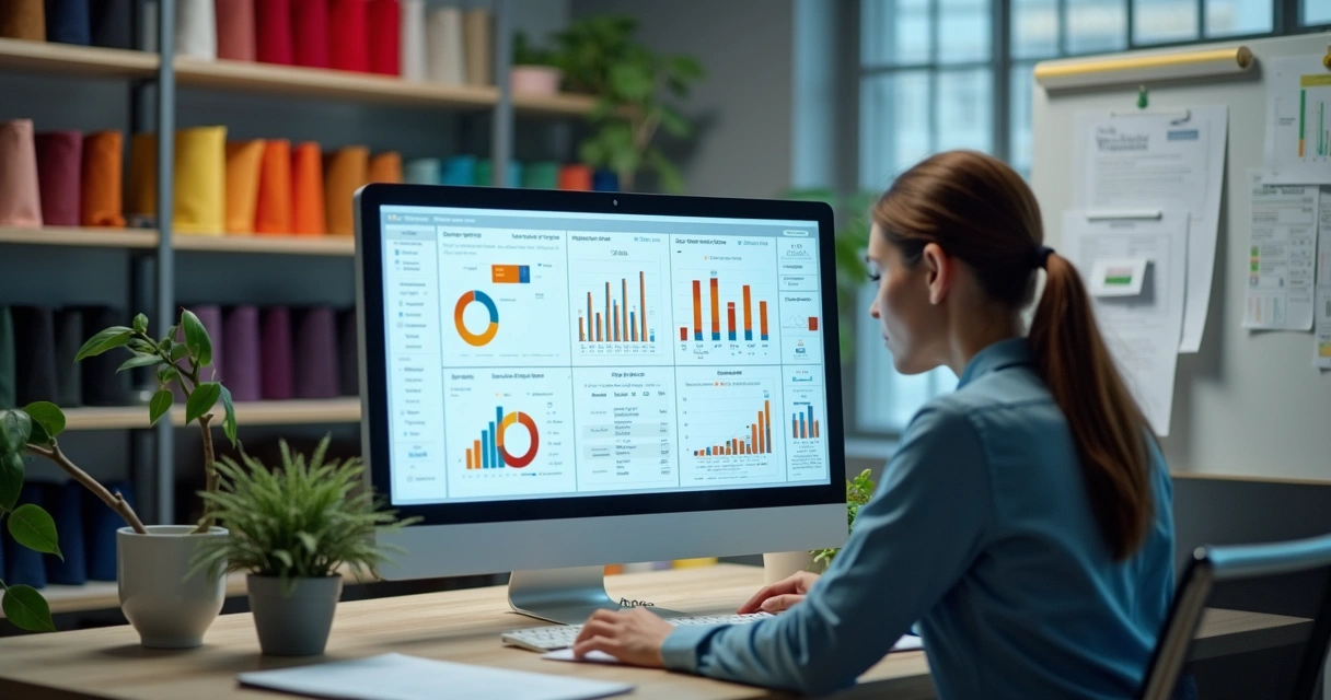 Tela de computador com dashboard financeiro de fábrica de roupas 