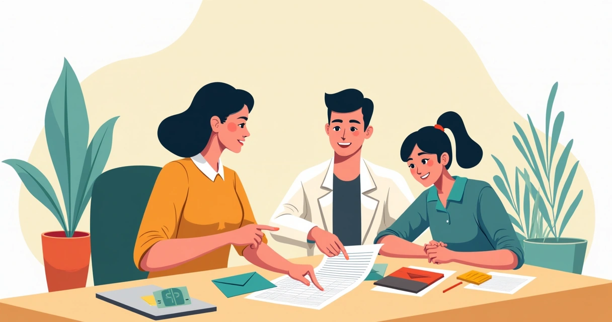 Família e profissional reunidos ao redor de uma mesa, organizando envelopes coloridos e planilhas, mostrando trabalho em equipe na organização financeira. 