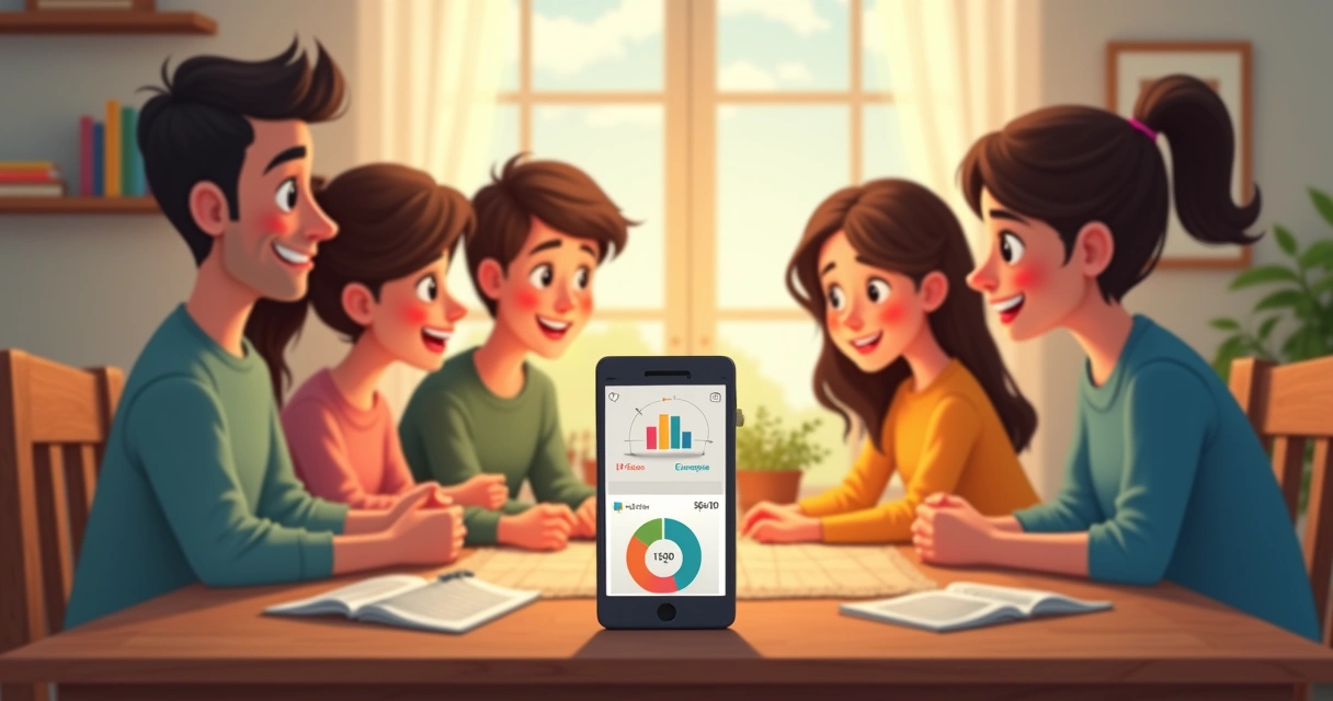 Família reunida analisando finanças e orçamentos pelo celular 