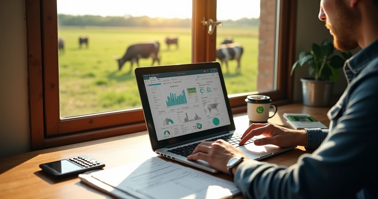 Homem analisando planilhas e aplicativo de controle financeiro rural 