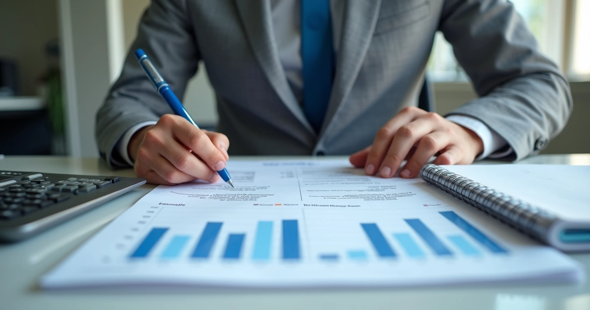 Empresário conferindo relatórios financeiros e fiscais em escritório 