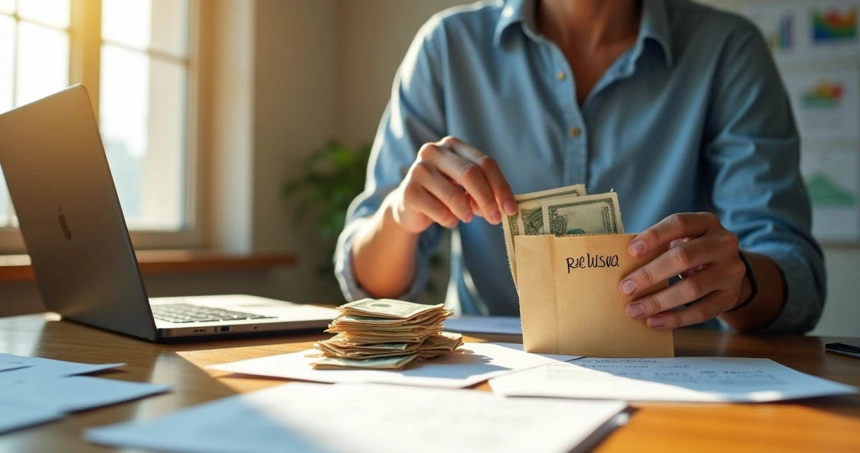 Pessoa organizando anotações financeiras em mesa de madeira 