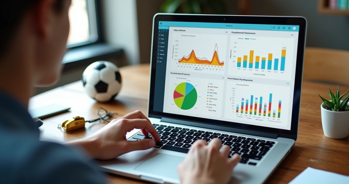 Gestor de escola de futebol analisando gráficos financeiros na tela do notebook
