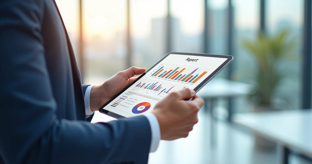 Pessoa analisando relatório financeiro digital em tela cheia em um gabinete 