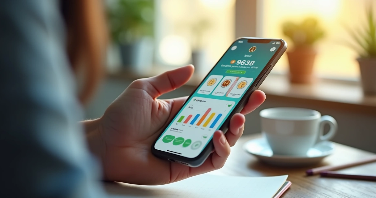 Pessoa interagindo com app financeiro gamificado em smartphone com gráficos coloridos e recompensas virtuais visíveis 