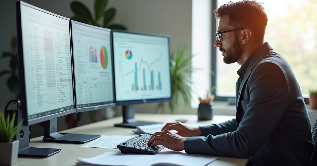 Gestor de tráfego digital organizando planilhas e documentos fiscais