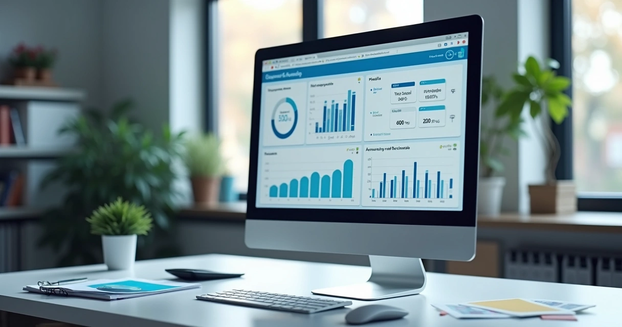 Tela de computador exibindo dashboard financeiro de uma gráfica 