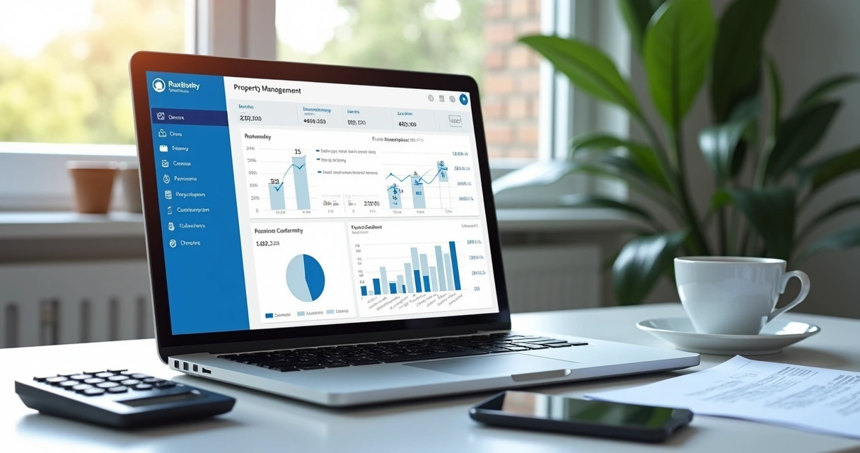 Painel financeiro de imobiliária em notebook com relatórios e calendário 