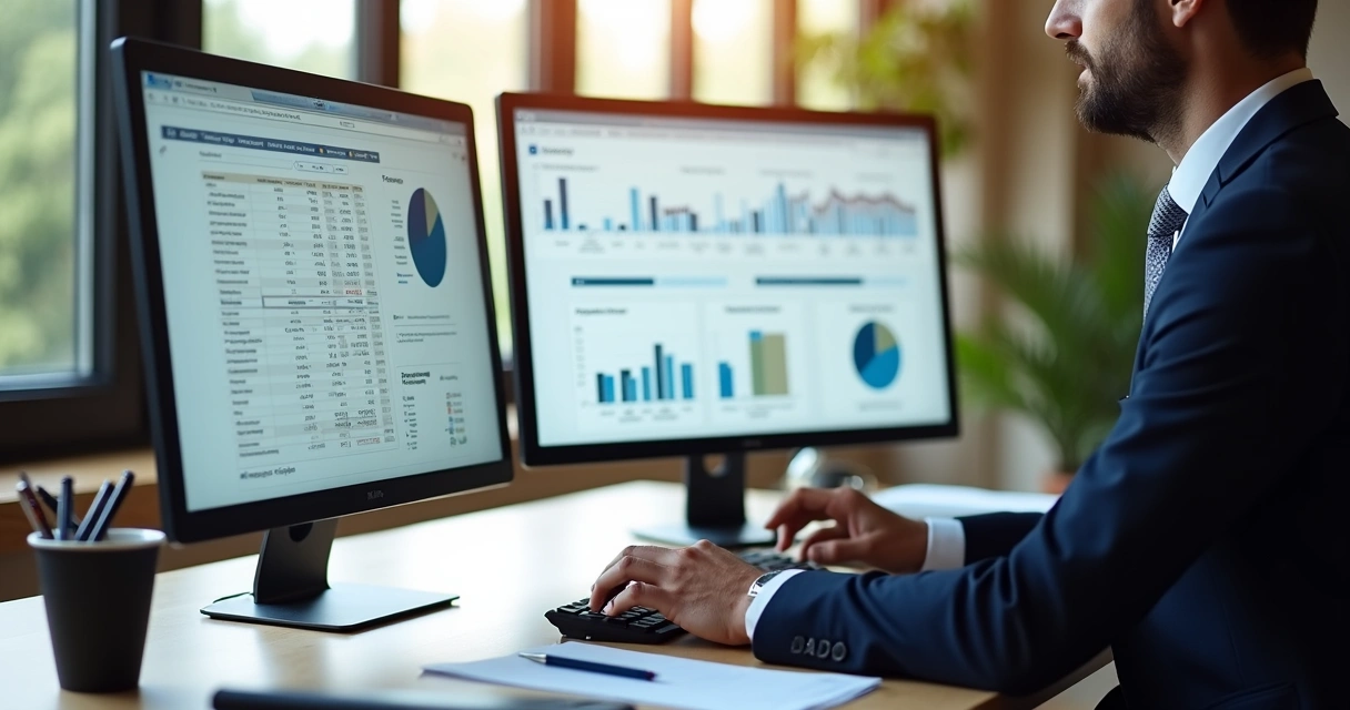Pessoa analisando planilhas em monitor com relatórios financeiros imobiliários 