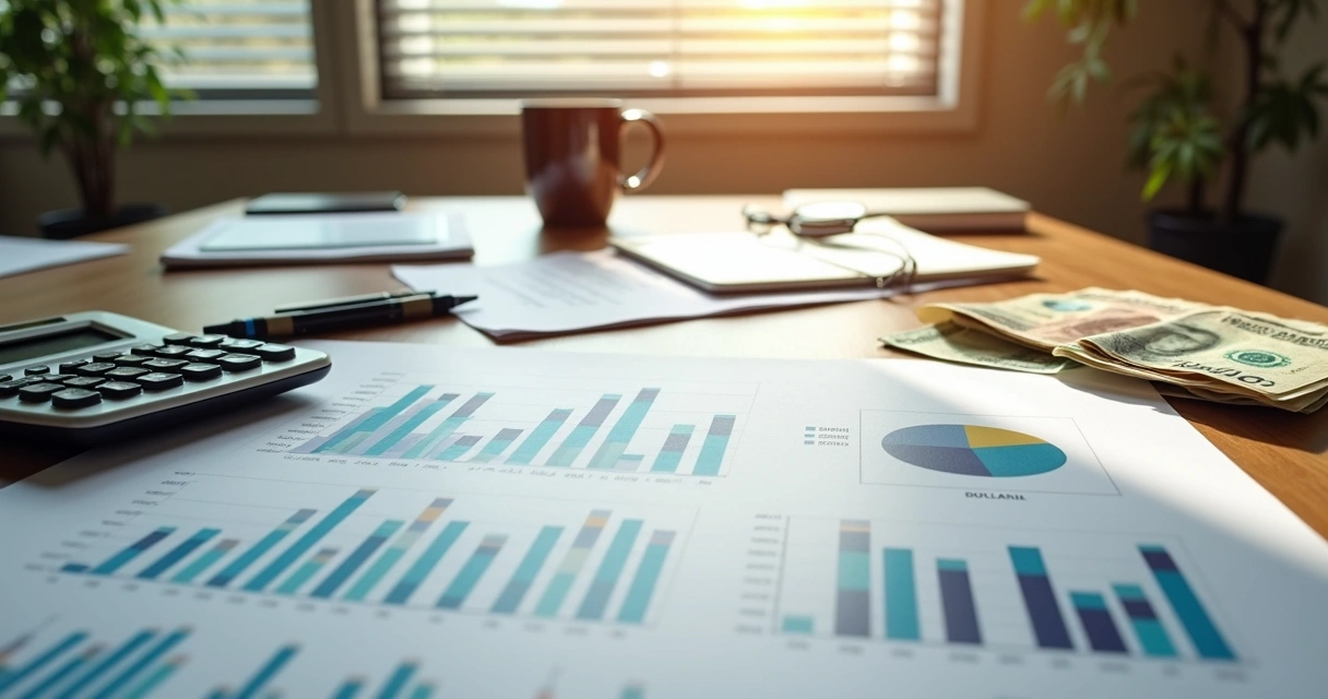 Planilhas e papéis com gráficos financeiros em mesa de escritório 