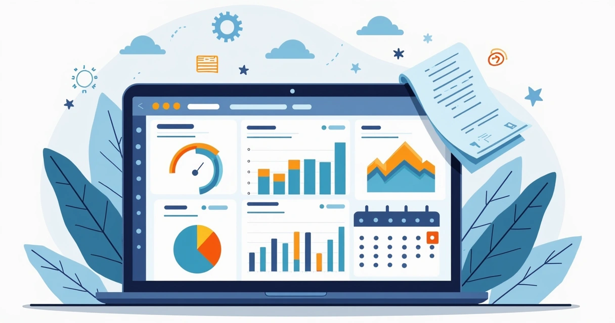 Ilustração de dashboard financeiro para imóveis, mostrando gráficos e alertas coloridos na tela de um notebook 