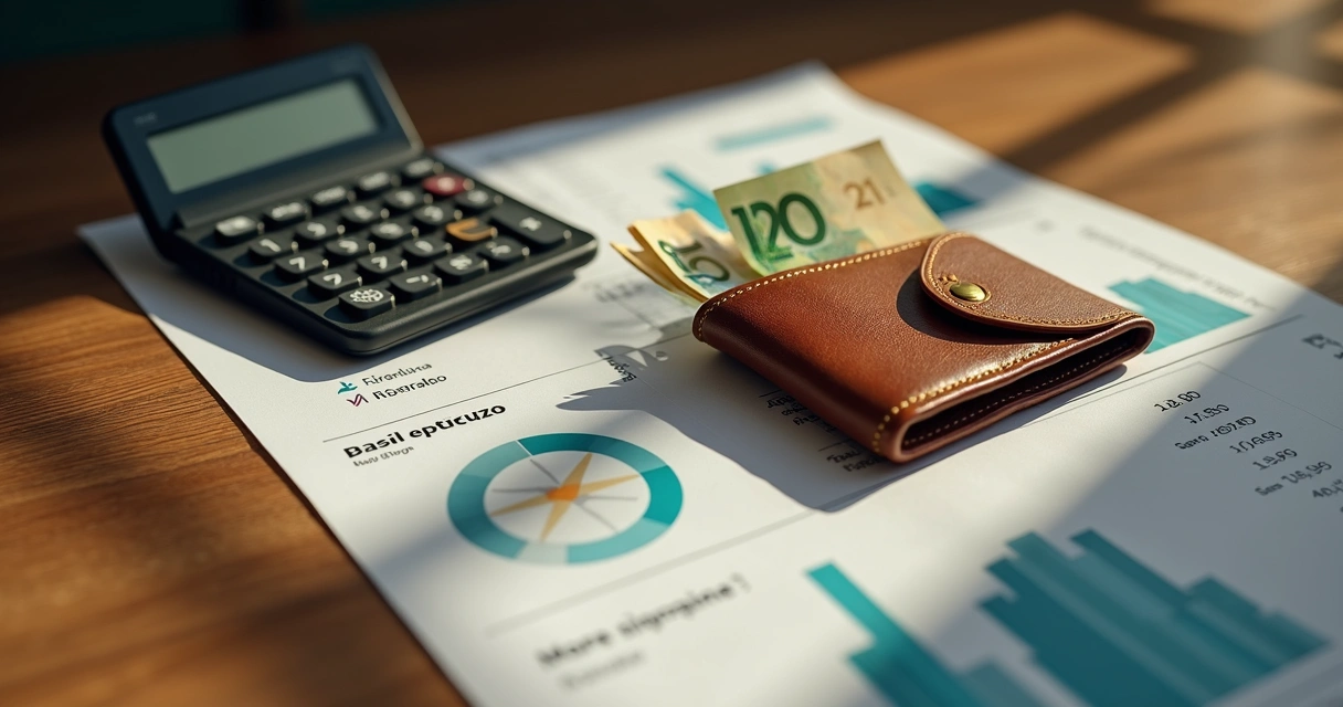 Mesa com carteira, notas de dinheiro e calculadora sobre documentos financeiros 