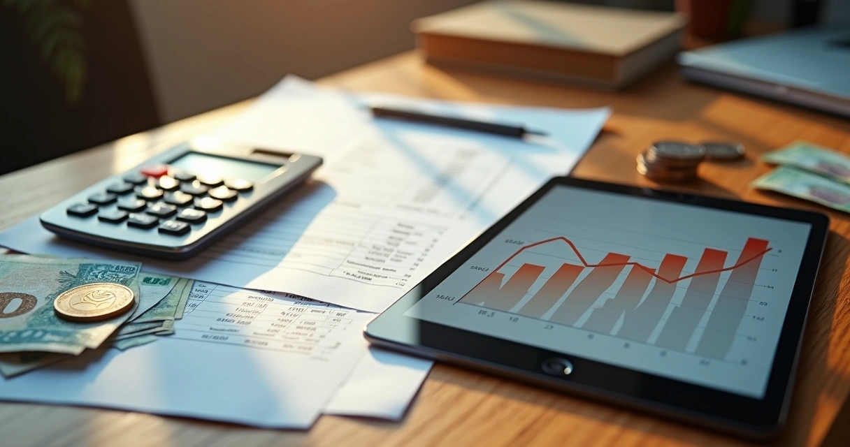 Mesa com dinheiro, calculadora, planilha e gráfico de inflação em alta 