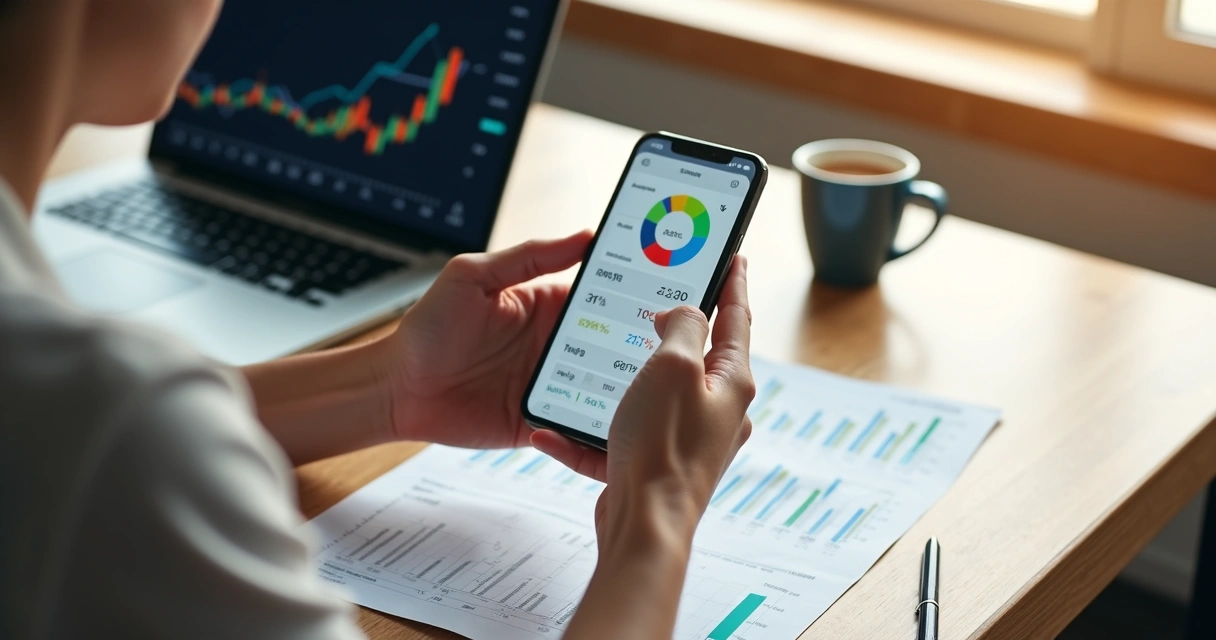 Pessoa usando aplicativo de controle financeiro com gráficos de investimentos na tela do celular 