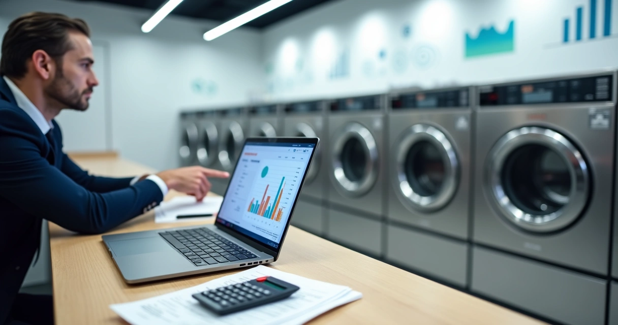 Gestor analisando controle financeiro em laptop ao lado de máquinas de lavanderia de autoatendimento 