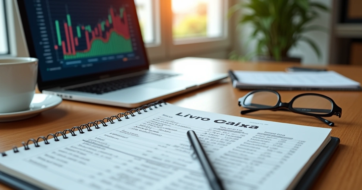 Mesa com caderno aberto de livro caixa, caneta sobre as anotações e computador mostrando planilha financeira 