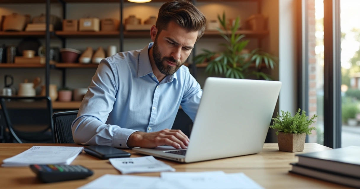 Pessoa usando notebook com planilha de fluxo de caixa ao lado de máquina de cartão 